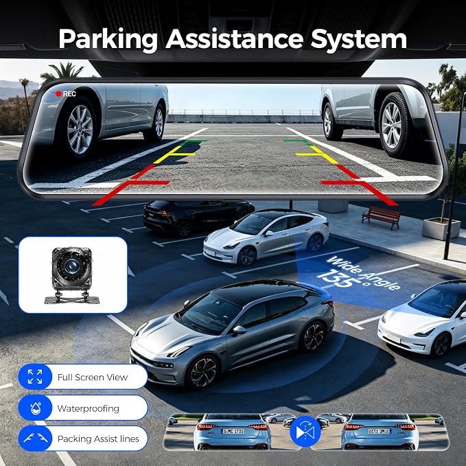 Mirror Dash Cam,Rear View Mirror Camera 10'', 1080P FHD Full Touch Screen Dash Cam Front and RearCam with Night Vision, Streaming Media 170°Wide Angle Parking Assistance Free 32GB Card