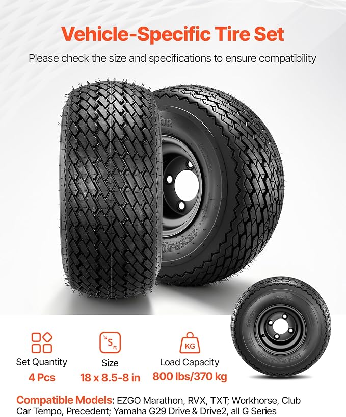 Golf Cart Wheels, 8" 18x8.50-8 Black Steel Golf Cart Tires and Wheels Combo (Set of 4) Fit Club Car, EZGO, Yamaha, 4 Ply Rubber 4-Lug Lawn Mower Tires & Rims Assembly, 800 lbs Load, All-Terrain
