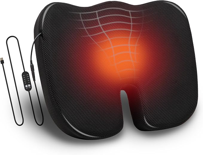 Heated Memory Foam Seat Cushion with Air-Cloud Support, Slim Ergonomic Cushion with 4 Heat Settings Timer and Auto Shut-Off, Black
