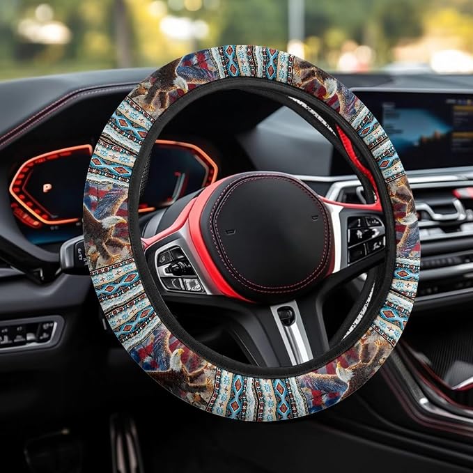 Auto Steering Wheel Cover Unviersal 15 Inch Steering Wheel Wrap Cover 4th of July Auto Interior Accessories Decor for All Seasons, Aztec Eagle US Flag