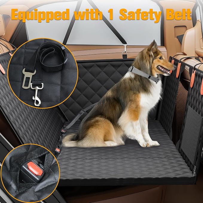 Back Seat Extender for Dogs, Hard Bottom Dog Car Seat Cover - Supports 400lbs, Rear Seat Pet Cover with Mesh Window, Waterproof Dog Hammock for Car SUV