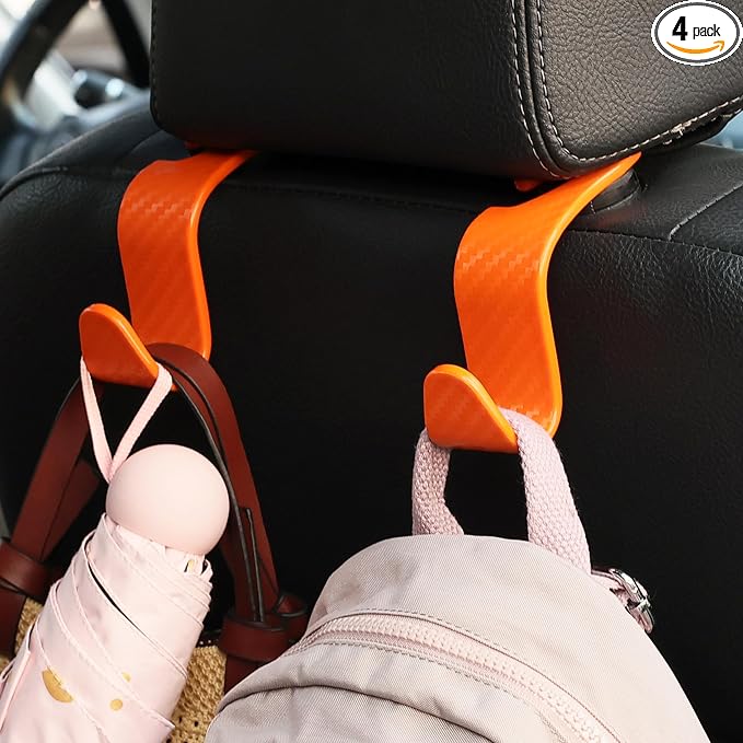 Car Seat Headrest Hook Universal Vehicle Seat Hook Hangers Interior Storage Organizer for Purse Handbag Coats Umbrellas Grocery Bags 4 Pack Orange
