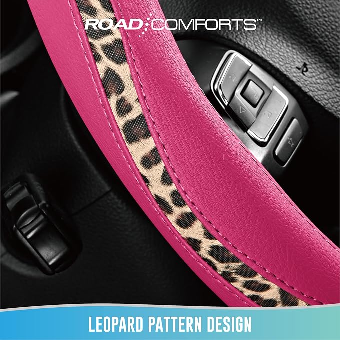 Steering Wheel Cover - Made with PVC Leather and Leopard Fabric - Universal 14 1/2 inches to 15 inches for Most Automotive Steering Wheel - Cheetah Print -Hot Pink