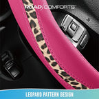Steering Wheel Cover - Made with PVC Leather and Leopard Fabric - Universal 14 1/2 inches to 15 inches for Most Automotive Steering Wheel - Cheetah Print -Hot Pink