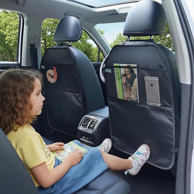 Car Seat Protector Large Kick Mat 2 Pack Durable Water Resistant Auto Seat Back Covers with 2 Mesh Pockets Protection Against Dust Mud Scratches (Black, 2-Pack)