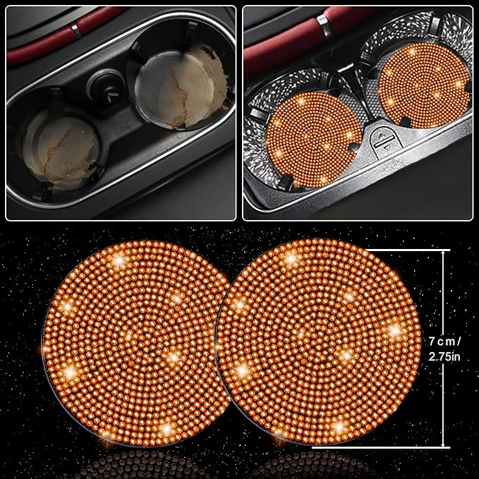 27 PCs Orange Bling Car Accessories Set for Women, Steering Wheel Covers Universal Fit 15 Inch, Bling License Plate Frame, Bling Phone Holder, Bling Car Coasters (Orange Diamond)