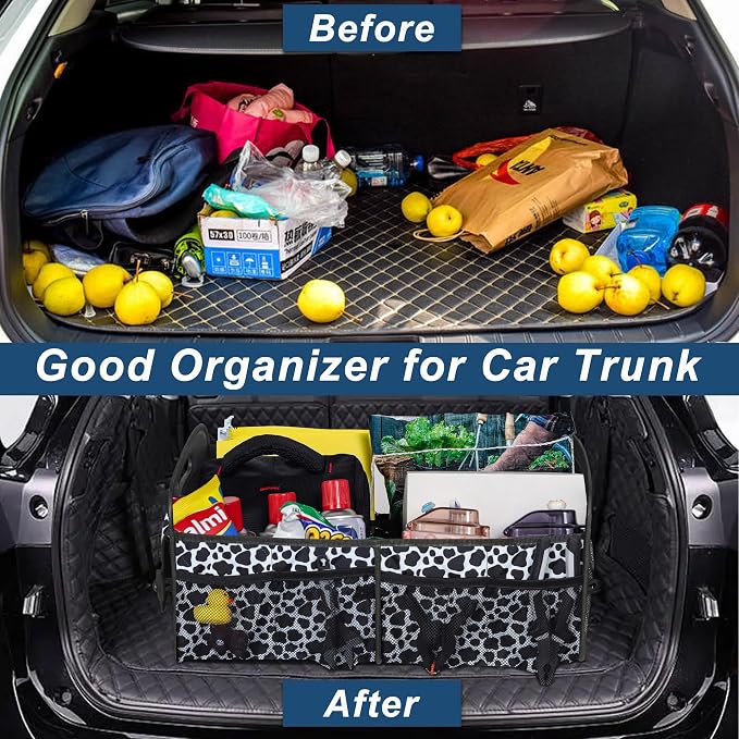 Trunk Organziers and Storage with Reinforced Handles,Car Accessories for Women/Men 50L Waterproof Polyester Trunk Organzier for Car/SUV/Minivan/Truck(Medium, Cow print)