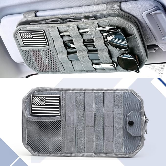 SAMPUSS Car Sun Visor Organizer Car Sunglass Holder with Storage Pouch | Semi-rigid molle panel car truck accessories with zipper for men&women fit most cars trucks vans suvs jeeps patrols