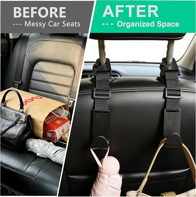 Adjustable Car Headrest Hooks, 4 Pack Universal Fit Vehicle Seat Back Organizer Hanger for Purse, Bags & Groceries, Black