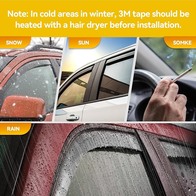 Window Visors for 2007-2018 Jeep Wrangler JK Unlimited 4-Door, Rain Guards Shields Vent Deflector Shade Dark Smoke 08 09 10 11 12 13 14 15 16 17, Tape-On, 4PCS