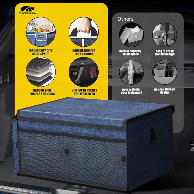 Car Trunk Organizer with Cooler - 65L Collapsible Trunk Organizer with Lid, Sturdy Car Storage for SUV Auto Truck Van with Adjustable Straps and Non Slip Bottom (Blue)