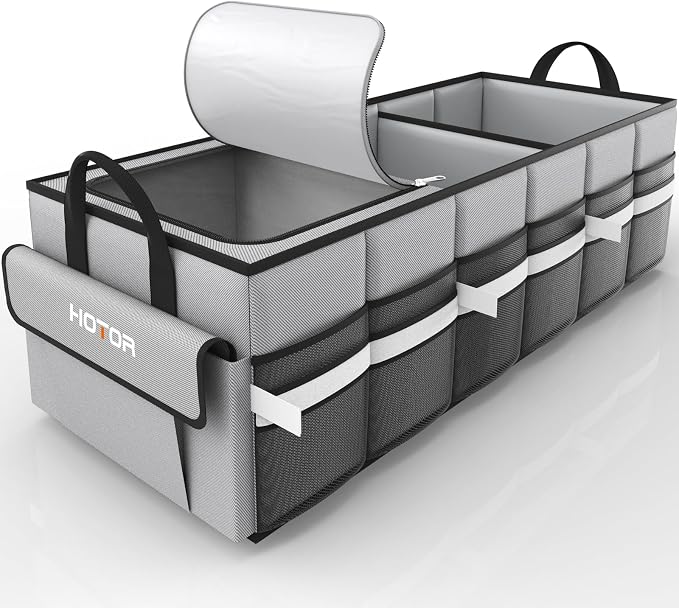 Trunk Organizer - Car Organizer with Built-In Leakproof Car Cooler, Collapsible Trunk Organizer with Cooler for Car, SUV, Sedan, with Base Panel (3 Compartments, Grey),31.9"×12.6"×10.6"