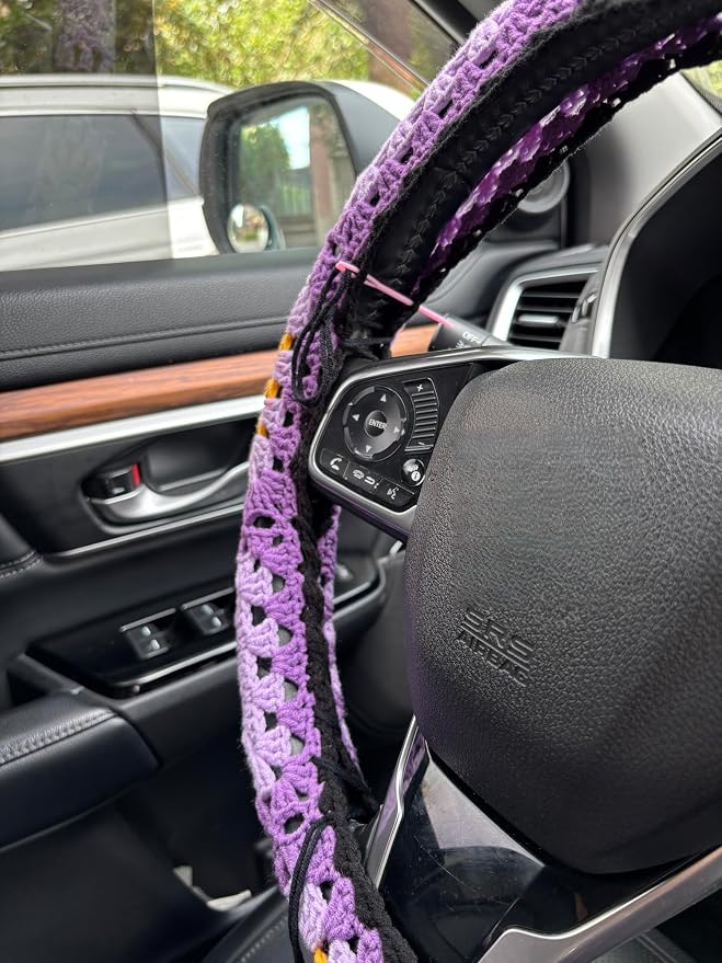 Handmade Crochet Sun Moon Car Steering Wheel Covers Universal 14-15 inch,Cute Steering Wheel Cover,Car Accessories (B:Wheel Cover+2 Belt Cover)