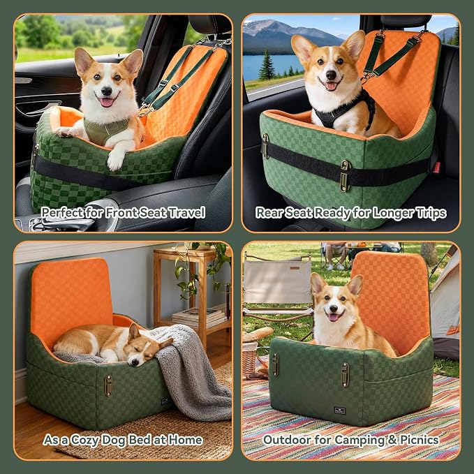 Dog Car Seat for Small/Medium Dogs Up to 35 lbs – Patented Safety System, 5" Memory Foam Pet Car Seat, Fully Detachable and Washable Cover, Front/Back Seat Travel Booster (Green & Orange)