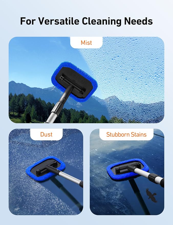 Windshield Cleaner, Microfiber Window Cleaner with 4 Reusable Washable Large Sponge Pads, Extendable 180° Rotating Handle, Fits Cars & SUVs, Includes Spray Bottle, Blue