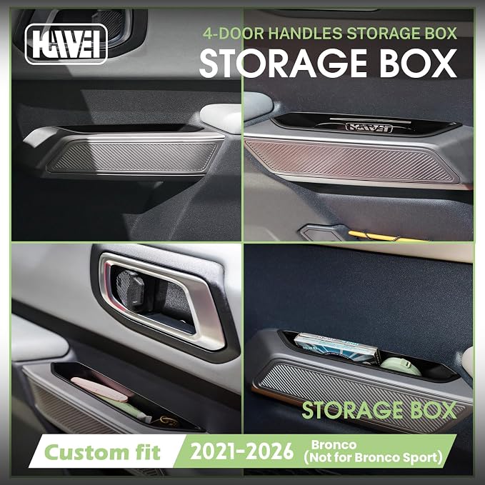 HGWEI Door Handle Storage Organizer Compatible with Ford Bronco 2021-2026 Interior Accessories, 4 Doors Side Handle Front And Rear Inserts Pocket Tray, Black (Not for 2 Door & Bronco Sport)