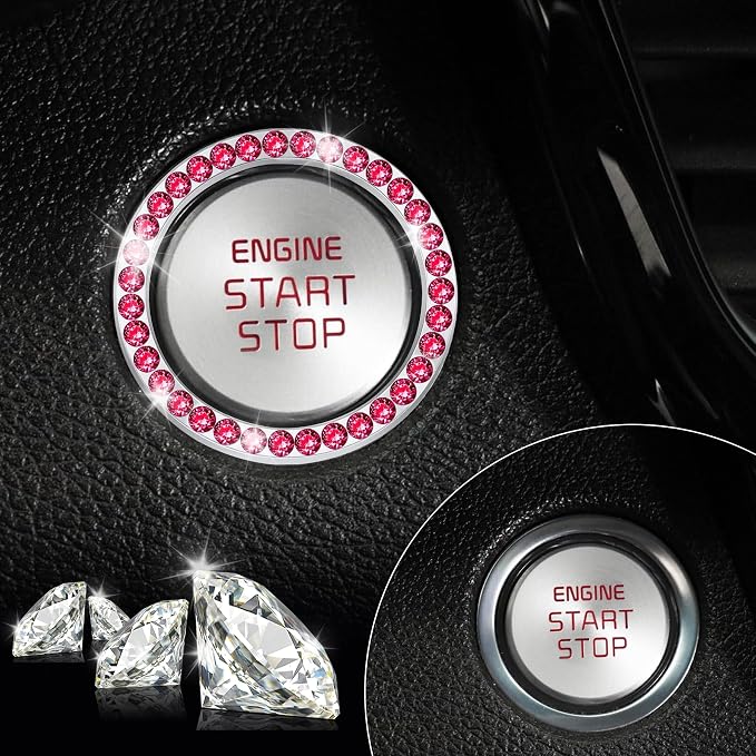 2 PCS Crystal Rhinestone Car Engine Start Stop Decoration Ring, Bling Car Interior Accessories for Women, Push to Start Button Cover Sticker, Automotive Decals, Red