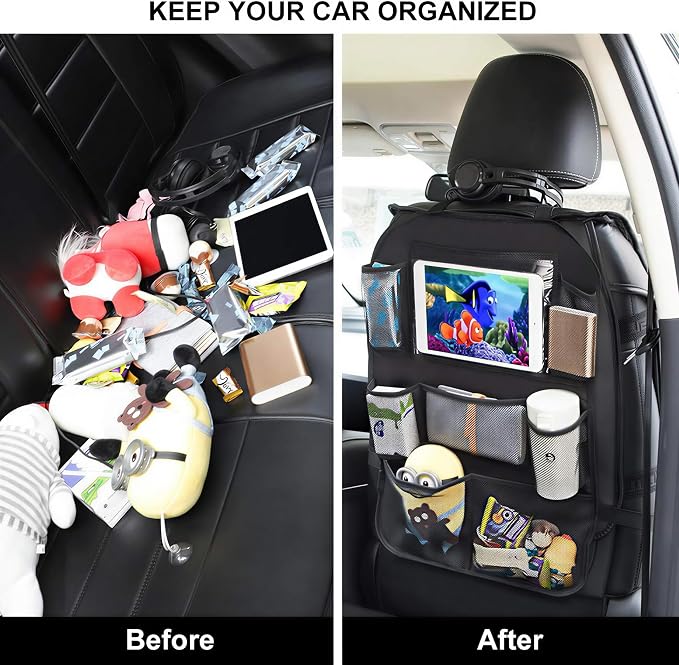 Backseat Car Organizer Mats Back Seat Organizers and Storage Bag with Touch Screen Tablet Holder for Kids Toddlers Seats, Travel Accessories, Road Trip Essentials (2PCS)