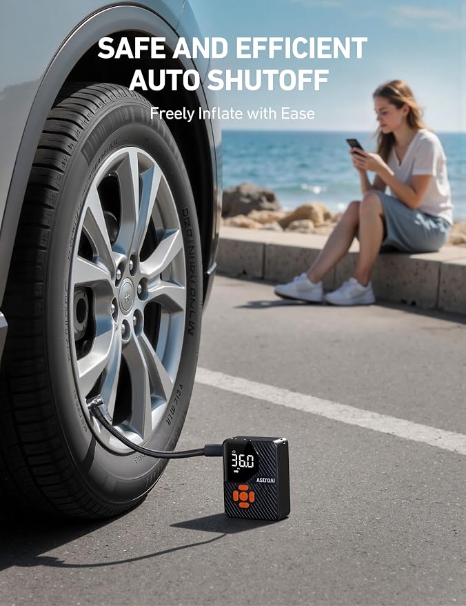 150 PSI Tire Inflator Portable Air Compressor L7 Mini | Fast Inflation, Cordless, Air Pump with LED Light &Pressure Gauge, Auto Shut-Off, for Cars, Motorcycle, Bicycle, Ball, Orange