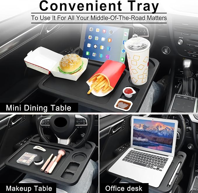 4 In 1 Car Steering Wheel Desk for Laptop,Versatile Upgraded Car Seat Tray, Spacious Steering Wheel Table With Tablet Holder and Dual Sauce Racks,Steering Wheel Under Table Console (Large)