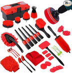 35Pcs Car Detailing Kit & Car Cleaning Kit – Windshield Tool, Long Wheel Brush & 2 Angled Brushes, 4 Polishing Pads & 4 Wax Pads – Red Tool Box – Gift for Men (B：35PCS-R)