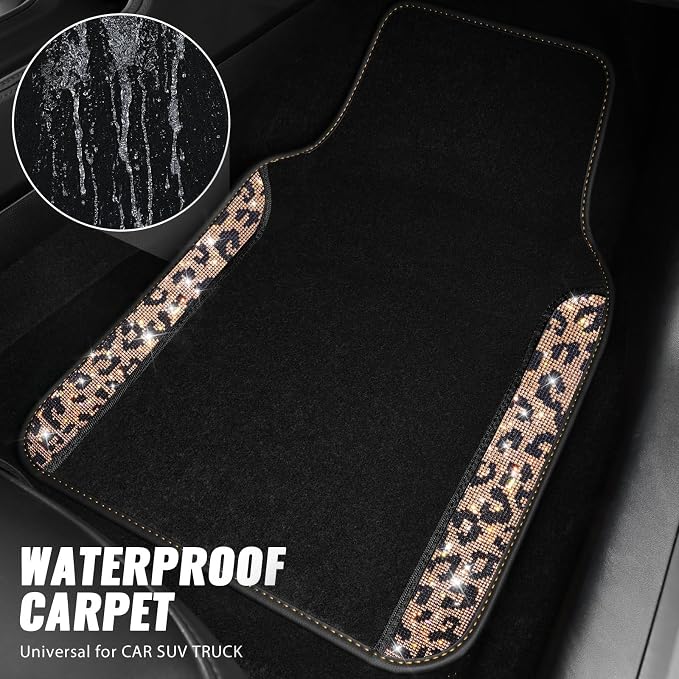 Bling Diamond Car Floor Mats, Shining Rhinestone Carpet Sparkly Glitter Crystal with Anti-Slip PVC Heel Pad Waterproof Universal Fit Automotive SUV,Sedan,Van,Cute Girl Women,4pcs Gold Leopard