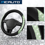 Steering Wheel Cover, Green Sparkly Crystal Bling Glitter with Leather, Universal Fit 14.5"-15.5" Car Steering Wheels for Girls & Women, Anti-Slip Wheels Cover for Cars, Trucks, Van, SUVs