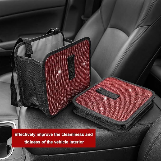 Bling Car Trash Can with Rhinestone, Sparkling Foldable Auto Garbage Container Hanging Back Seat Organizer, Crystal Dustbin Leakproof Garbage Can for Vehicle Home Office (Red)
