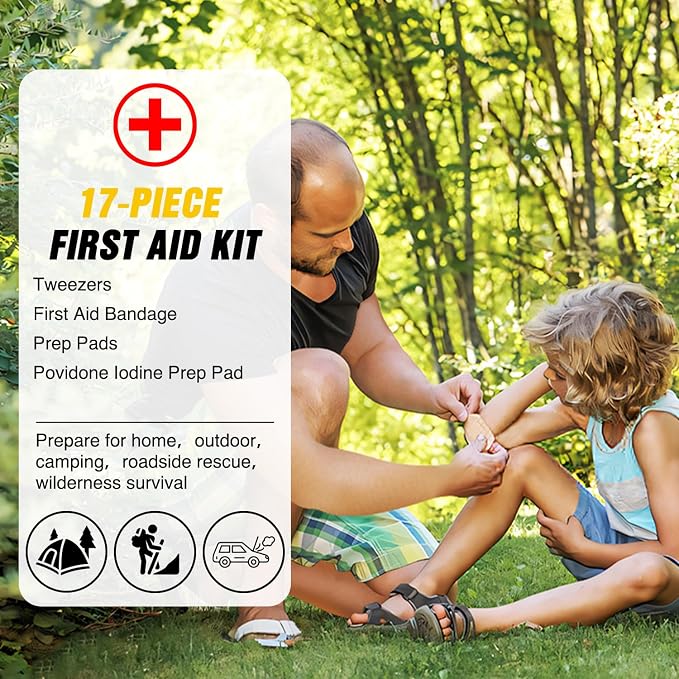 Car Emergency Kit with Jumper Cable, First Aid Kit Safety Assistance Tools for Travel Camping Outdoor Cars Truck SUV RV, Roadside Essentials with Flash Light