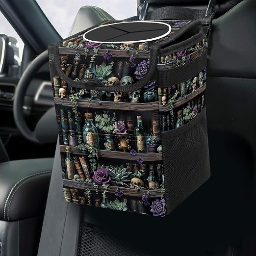Gothic Witchy Skull Floral Car Trash Can with Lid Collapsible Reusable Waterproof Car Garage Bag,Automotive Garbage Can,Car Accessories Interior Car Organizer