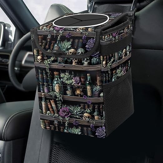 Gothic Witchy Skull Floral Car Trash Can with Lid Collapsible Reusable Waterproof Car Garage Bag,Automotive Garbage Can,Car Accessories Interior Car Organizer