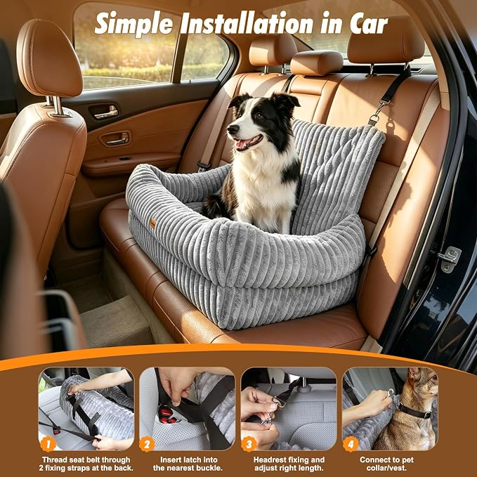 Dog Car Seat, Dog Booster Car Seats with Memory Foam, Thickened Cushion & Washable Removable Cover, Pet Travel Carseat Bed with Safety Leashes for Medium/Large Dogs or 2 Small Dogs, Gray