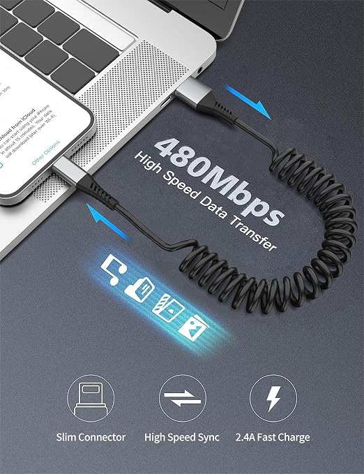 Coiled Lightning Cable for Car, 2Pack Retractable iPhone Charger Cable Fast Charging, [MFi Certified] Short Apple CarPlay USB to Lightning Cord for iPhone 14 13 12 11 Pro Max Mini XR XS 8 SE iPad