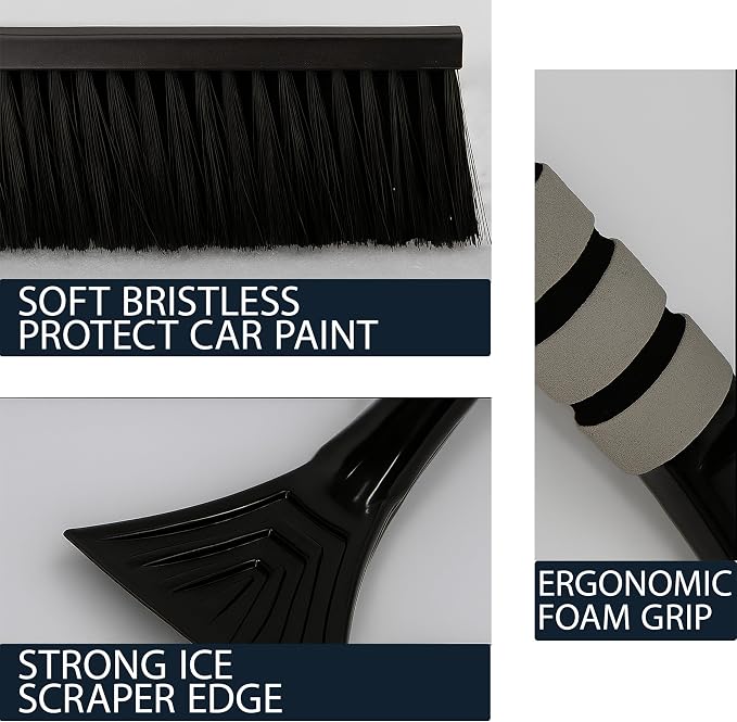 Snow Brush and Ice Scraper 18 Inch, Heavy Duty Car Windshield Snow Removal Tool with Thick Soft Bristles, Scratch Safe ABS Scraper, Anti Slip Foam Grip (Grey)