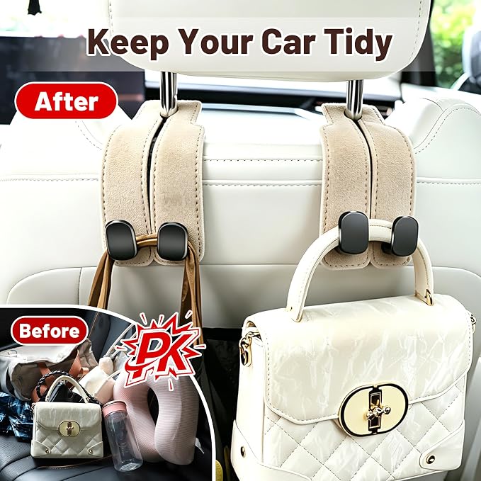 SUKIPIN Car Hooks, Car Seat Headrest Hooks for Purses and Bags 4-Pack Beige | Car Accessories for Women, Solid Durable Construction, Quick Tool-free Mounting, Universal Fit for Most Vehicle Headrests