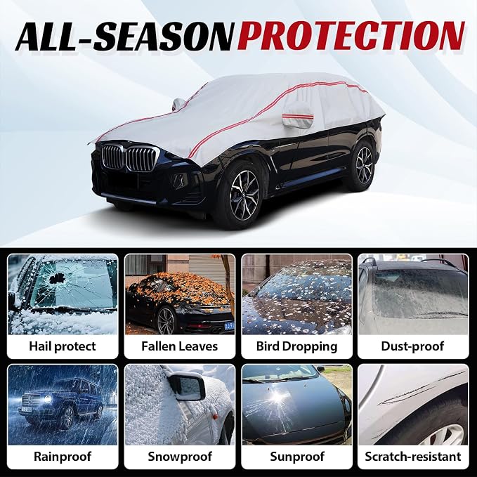 Half Car Cover for Snow, Car Roof Cover for All Weather Protection with Red Strip Design, Fit Small/Compact Sedan Such As Audi A4, Toyota Corolla