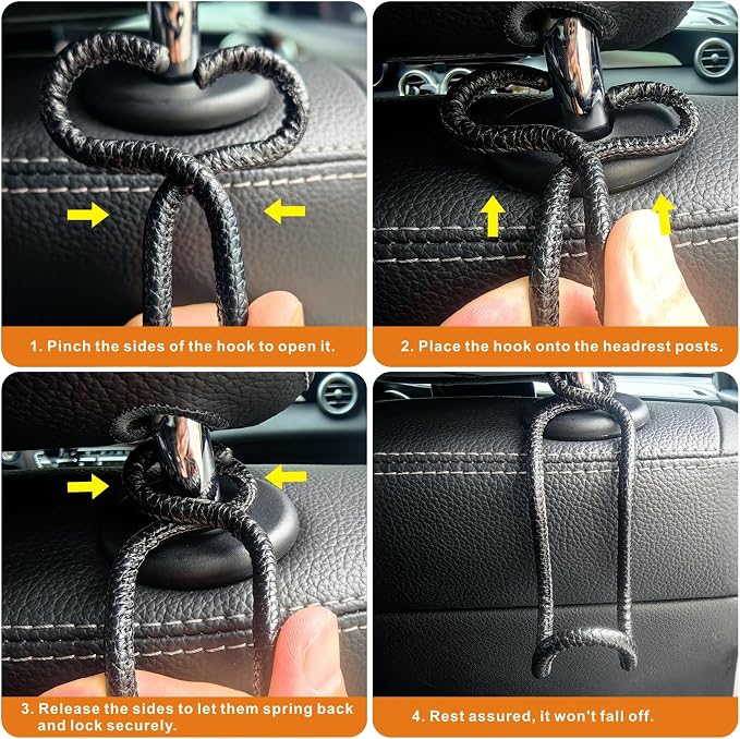 Car Headrest Hooks for Purse Bag, 2 Pack Car Seat Hooks - Black Leather/2L | Heavy-Duty Holds Up to 60lbs Metal Car Purse Holder for Grocery Handbag, Car Interior Accessories for Men Women