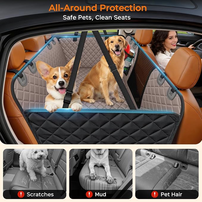 XL Dog Backseat Extender for Full-Size Crew Cab Truck, Hard Bottom Dog Car Seat Cover for Back Seat Holds 400lbs, Waterproof Dog Hammock Pet Rear Seat Protector Travel Bed for F150 / Silverado