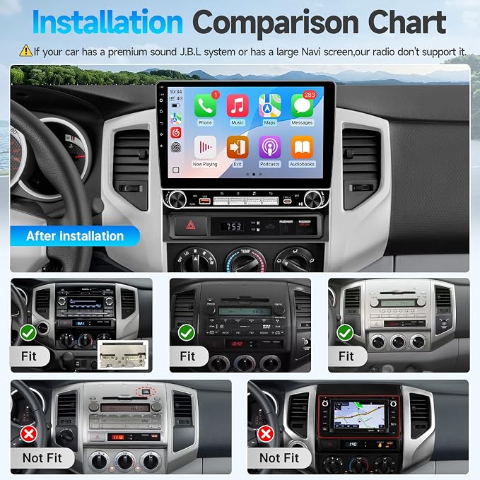 4+64G Car Radio Stereo for Toyota Tacoma 2005-2015 Upgrade with Wireless Carplay Android Auto 10.1'' IPS Touchscreen Buit in Bluetooth GPS Navigation WiFi FM Backup Camera MIC