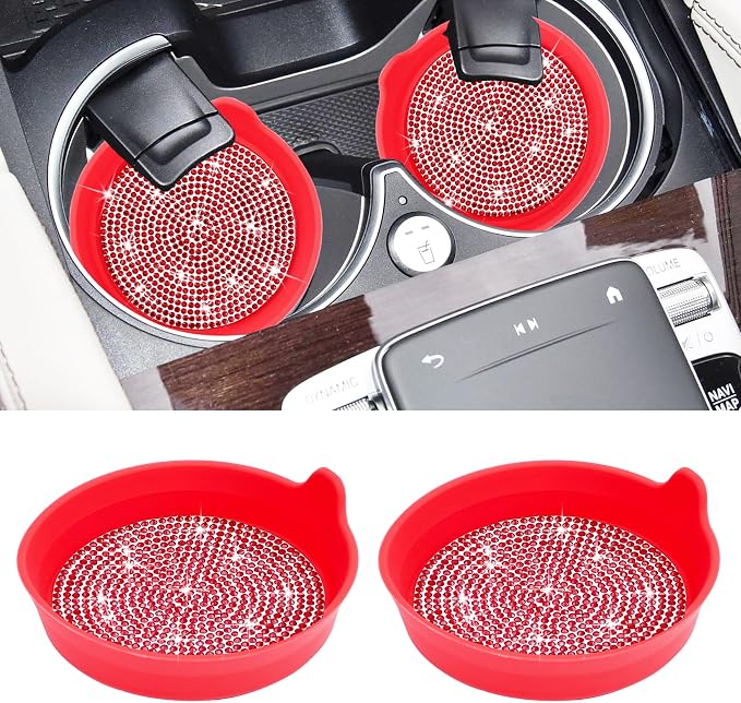 Car Cup Coaster Universal Non-Slip Cup Holders Bling Crystal Rhinestone Car Interior Accessories 2 Pack Red Whole Rhinestone