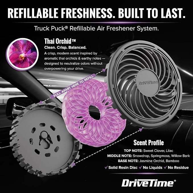 Truck Puck Thai Orchid Fragrancee Car Air Freshener – Long-Lasting Car Deodorizer, Refillable Vent & Visor Clip Auto Air Freshener for Car, Truck & SUV, Premium Fragrance, Pack of 3