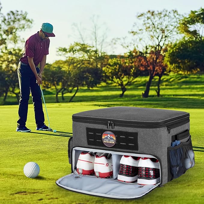 Golf Trunk Organizer Storage with Separate Compartment for 2 Pair Shoes Up to US Mens 16, Golf Car Locker Organizer for Balls, Tees, Clothes, Gloves, Accessories, Grey