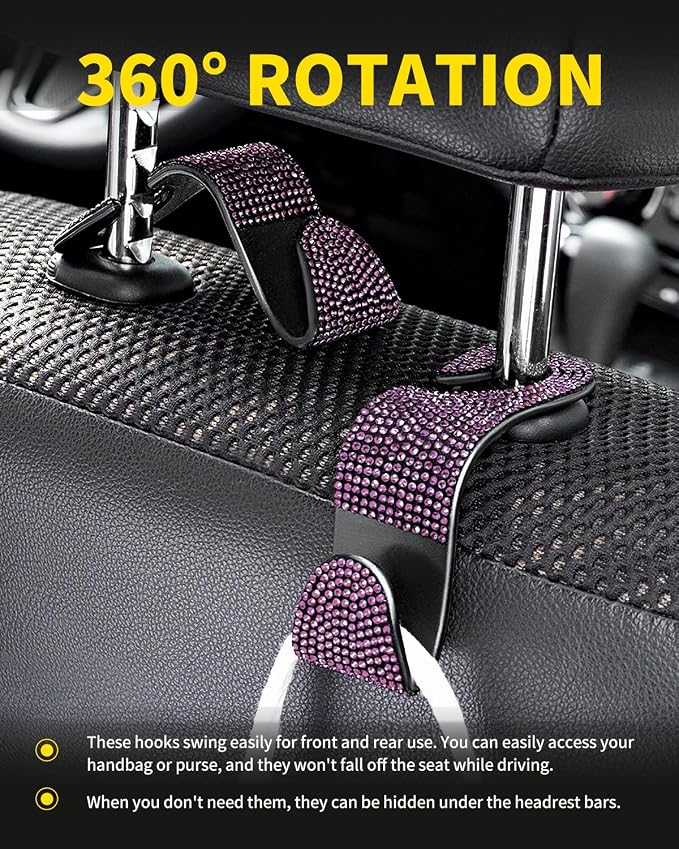 4 Pack Blink Diamond Car Seat Headrest Hooks Crystal Rhinestone Car Purse Holder Universal Interior Accessories for Handbags, Water Bottles, Coats, Umbrellas, Pink