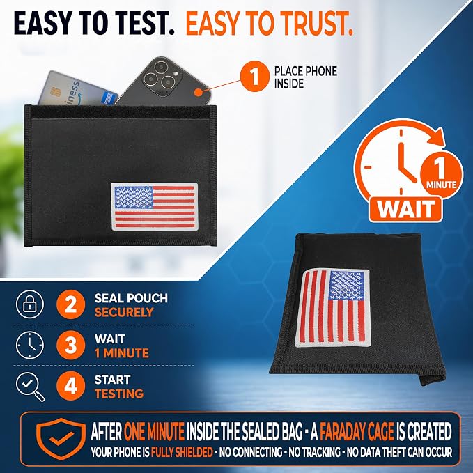 USA Flag Faraday Bag for Phones & Key Fobs – RFID Shielding Privacy Pouch for Electronic Device Storage, Patriotic American Flag Design Faraday Sleeve