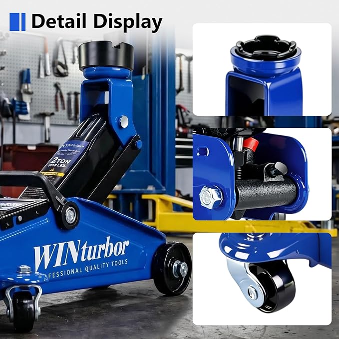 2 Ton Low Profile Floor Jack, 4000 lbs, with 2 Pads & Bag – Blue | Steel floor jack, 5.3"-13" lift. Overload valve. Smooth casters. For garage, workshop & auto.