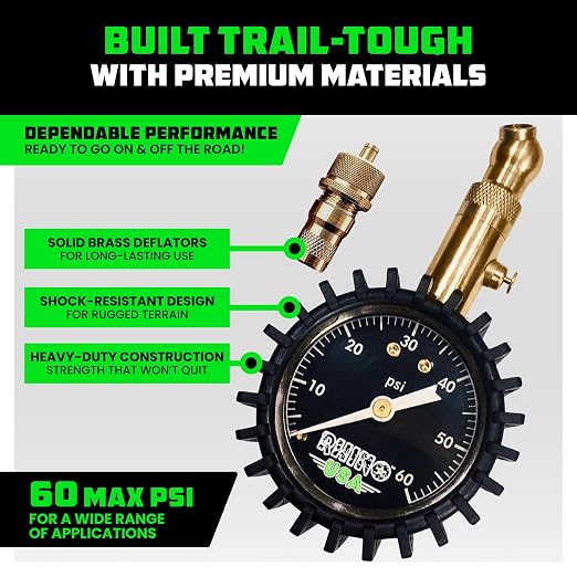 Rhino USA Adjustable Tire Deflators with Gauge (0-60psi) Calibrated & Automatic Tire Air Down Tool - Large 2" Easy Read Glow Dial & Solid Brass Hardware - Best Offroad Deflator for Jeep, Truck or ATV
