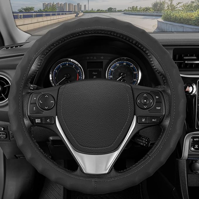 Genuine Black Leather Steering Wheel Cover for Car, Large 15.5-16 inch – Ergonomic Comfort Grip for Men & Women, Car Steering Wheel Cover for Vehicles with Large Steering Wheels