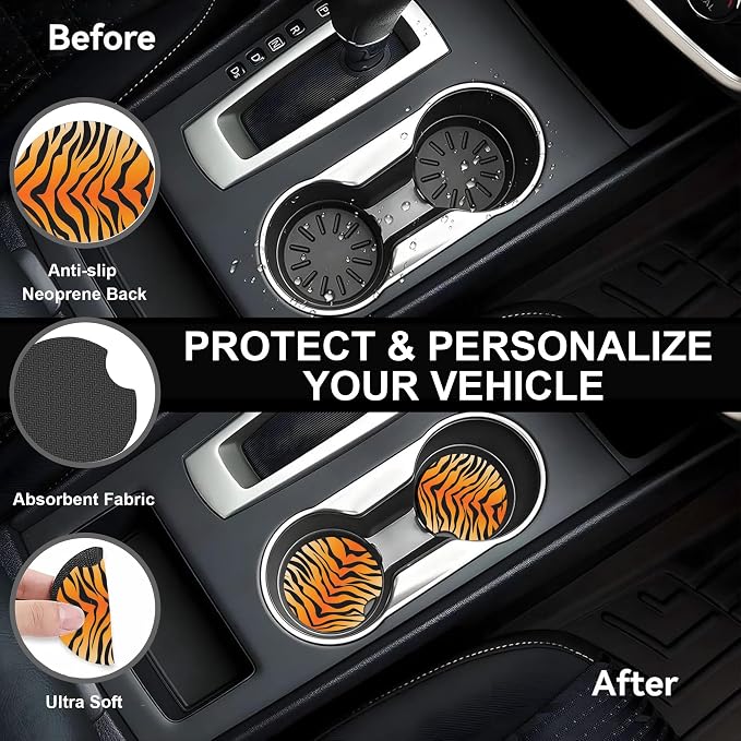 Tiger Stripes Steering Wheel Cover with 2 PCS Cup Coasters for Car,Animal Skin 15 Inch Non-Slip Neoprene Steering Wheel Covers,Breathable Car Accessories Fit for Men Women