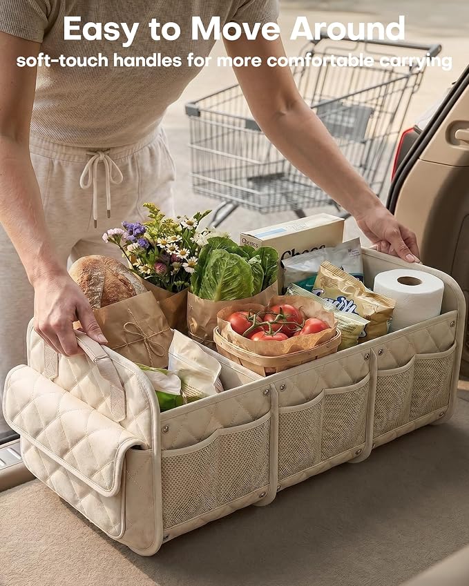 Car Trunk Organizer for Women & Men Foldable SUV Storage Accessories | 3 Compartments, Road Trip, Camping, Shopping, for Tools & Outdoor Storage, Fits Truck, Van, Sedan, Beige, 32.3" x 12.8" x 11"