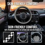 Checkered Steering Wheel Cover Black White + 2 Checkered Car Coasters Set | Anti-Slip Neoprene, Breathable, Universal Fit 14-15 Inch, Car Interior Accessories Gift for Men Women